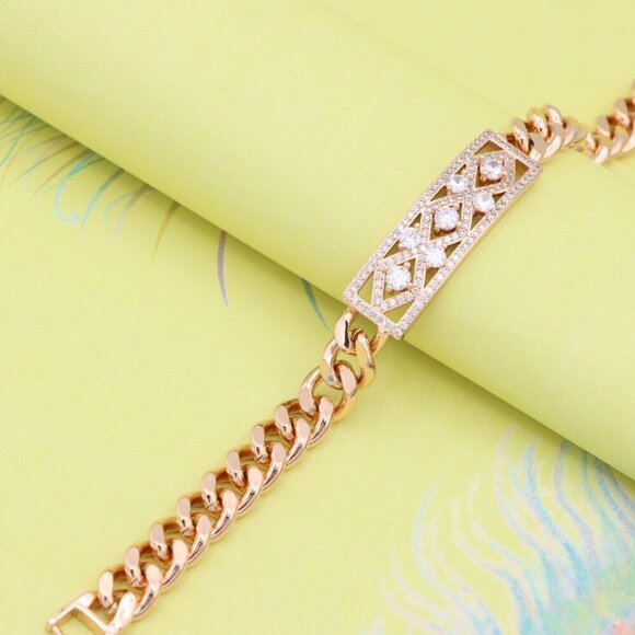 "Rose Gold Bracelet with Geometric CZ Panel and Bold Chain, XPBL0816 - Picture 4 of 12